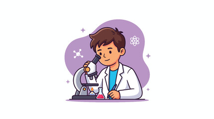 Fototapeta premium Young boy scientist looking through a microscope in a laboratory.