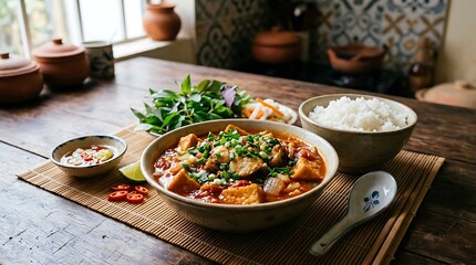 Fototapeta premium Tomato based tofu stew served in a rustic bowl with a side of rice and fresh green herbs on a mat.