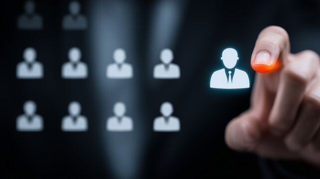 A hand selecting one professional profile among candidates represents recruitment choice and employee hiring decisions.
