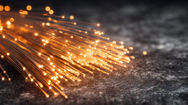 Fiber optic strands transmit glowing signals representing high speed communication digital connectivity and modern data infrastructure
