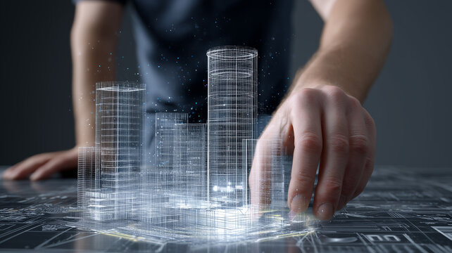 A hand interacts with holographic buildings representing digital construction modeling urban planning and smart architecture development
