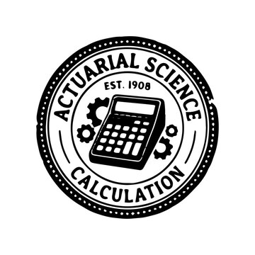 Vintage Actuarial Science Calculation Rubber Stamp Logo with Calculator and Gears for Risk Management and Finance