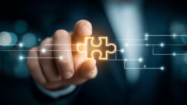 A hand selects a puzzle piece connected to digital circuits representing system integration business solutions and technology strategy
