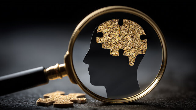 A magnifying glass reveals a human head with puzzle pieces representing psychology problem solving and cognitive understanding
