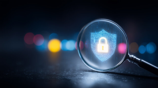 A magnifying glass examines a locked digital shield representing cybersecurity assessment privacy protection and secure data defense
