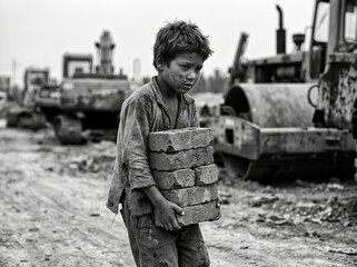 Fototapeta premium Exhausted young boy carrying heavy red clay bricks at construction site
