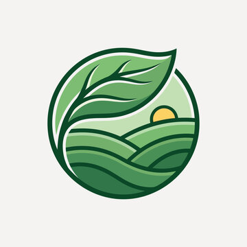 Green leaf and rolling farm hills landscape circle logo icon for organic agriculture and eco-friendly branding.