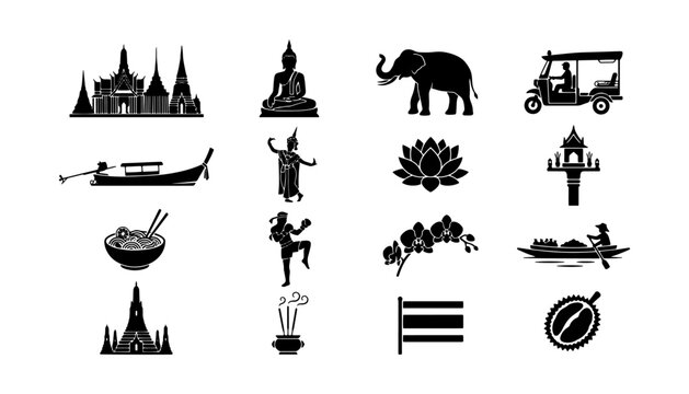 Thailand culture and travel icons set featuring black silhouettes of temples, Buddha, elephant, tuk-tuk, and Muay Thai.