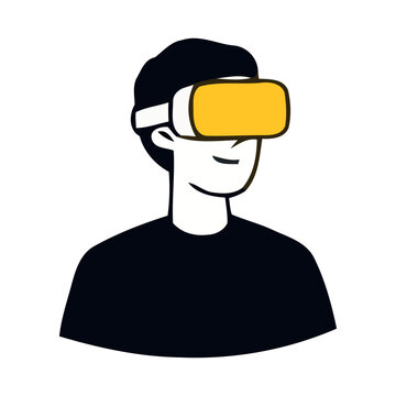 Stylized vector portrait of a man using a yellow virtual reality headset for immersive gaming and metaverse