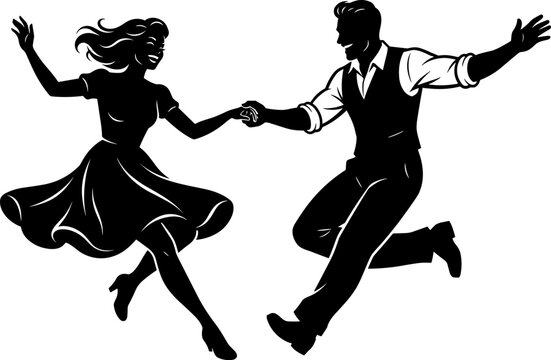 Black Silhouette of Energetic Swing Dancing Couple Man and Woman Jumping and Holding Hands in Joyful Lindy Hop Pose on White Background