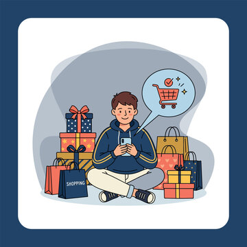 Young man sitting on floor with smartphone surrounded by shopping bags and gift boxes, online shopping concept.