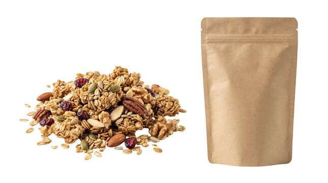Granola mix with nuts and dried fruits next to a blank paper pouch isolated on transparent background