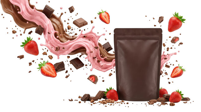 Chocolate and strawberry splash with blank pouch isolated on transparent background