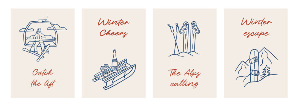 Winter resort cards set with ski lift, skier, snowboard, skis, goggles, and chalet rest scenes in blue line art