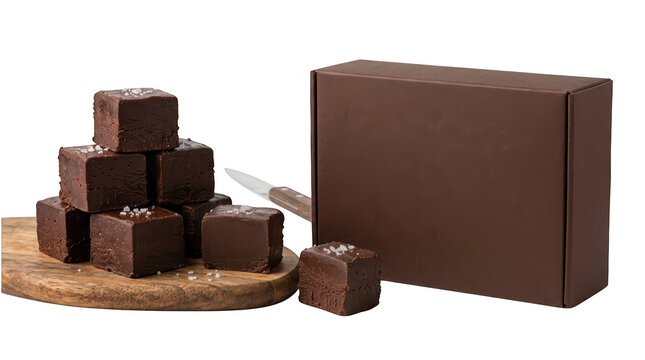 Chocolate fudge stack with box and wooden board isolated on transparent background