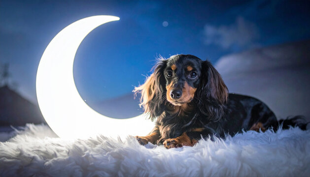 大きな月が浮かぶ夜空と草原でこちらを見つめる青い目の可愛い子犬