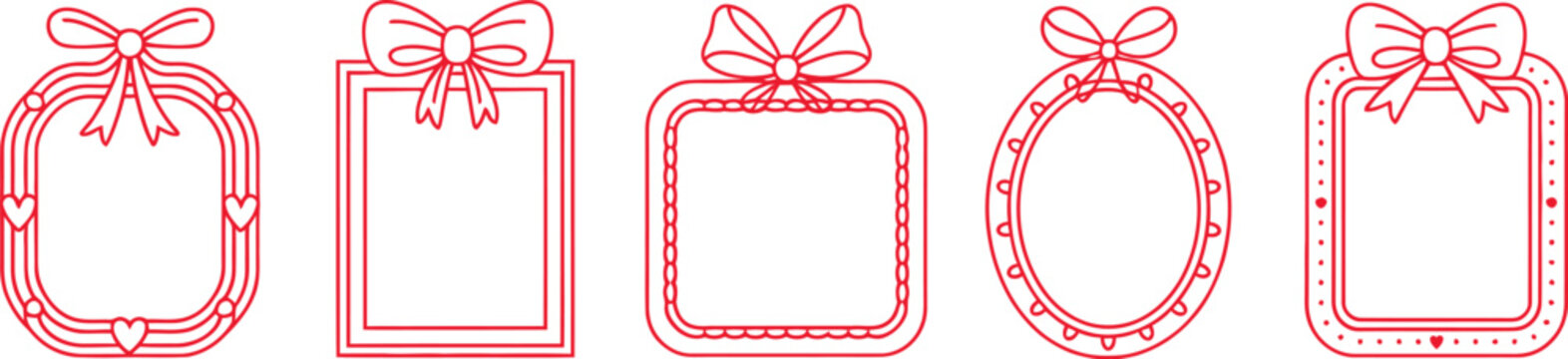 Cute pink ribbon bow frame set cute decorative line border gift card photo frame isolated on white background stock vector.