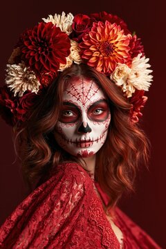 Dia de los Muertos Portrait with Floral Headdress and Skull Makeup