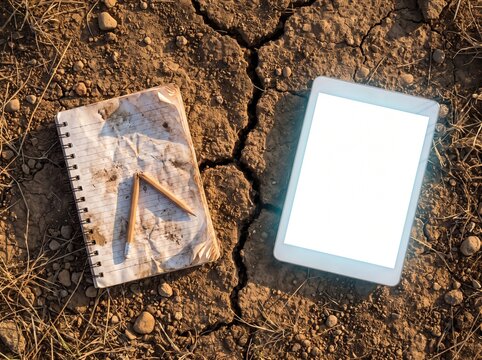 Worn notebook on dirt separated by a crack from a glowing modern tablet