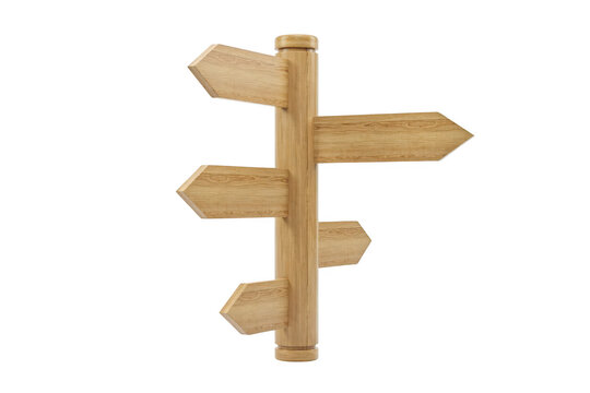 A blank wooden signpost with four empty directional arrows pointing in different directions isolated on a solid black background, for navigation