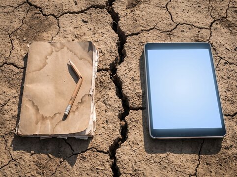 Worn notebook on dirt separated by a crack from a glowing modern tablet
