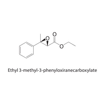 Ethyl 3-methyl-3-phenyloxiranecarboxylate skeletal structure. epoxide ester compound schematic illustration. Simple diagram, chemical formula.