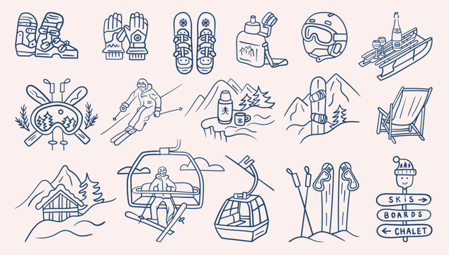 Big skiing set with boots, gloves, skis, bottle, helmet, lift, skier, cabin, and resort scenes in blue line art