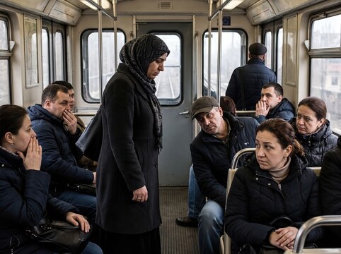 Woman in Hijab standing on train while passengers cast suspicious unfriendly glances