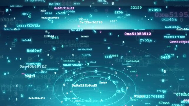 Abstract digital data stream with flowing alphanumeric characters and glowing blue holographic interface elements