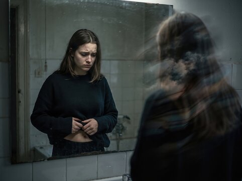Sad woman looking in mirror pinching her stomach body image concept