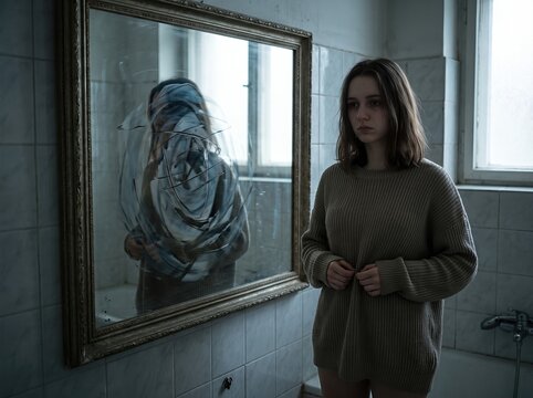 Sad woman looking in mirror pinching her stomach body image concept