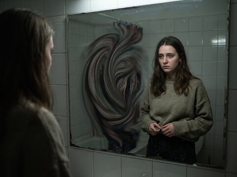 Sad woman looking in mirror pinching her stomach body image concept