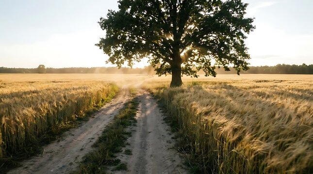 Dirt path through wheat field towards large tree at sunset