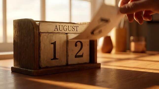 Hand flipping wooden block calendar for August
