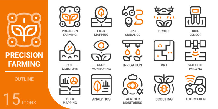 precision farming and smart farm outline icon collection for web, app, UI, UX, dashboard, presentation and infographic and print design