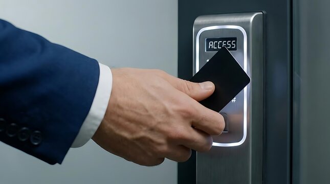 Hand tapping card on electronic access control keypad
