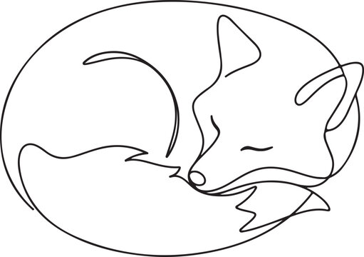 Continuous line drawing of sleeping curled up fox vector illustration