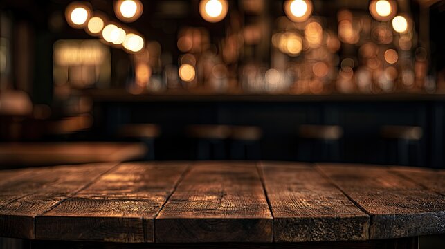 Rustic wooden table in a dimly lit bar with warm, blurred background lights