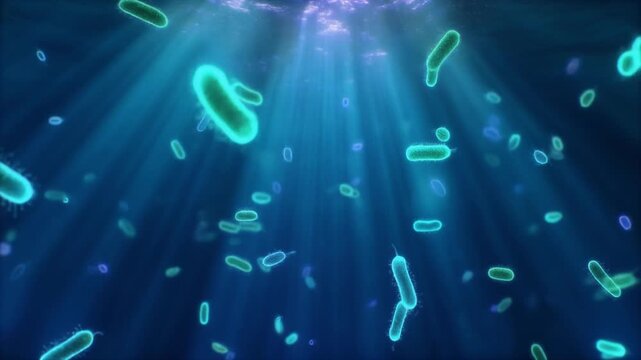 水中の光が射し込む青いバクテリアと微生物の3Dグラフィック