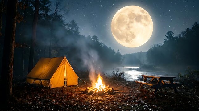 Tent and campfire by river under full moon