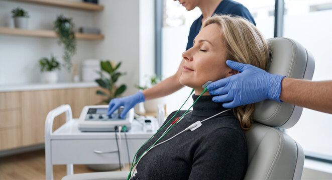 Practitioner in blue gloves applying electrical stimulation pads to a woman's neck and jawline while she relaxes in a chair.