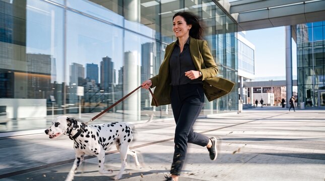 Businesswoman Running with Dalmatian Dog Outside Modern Office