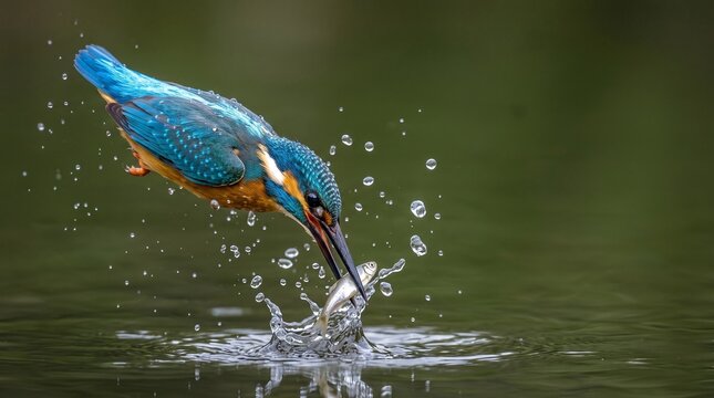 Kingfisher Catching Small Fish With Water Splash