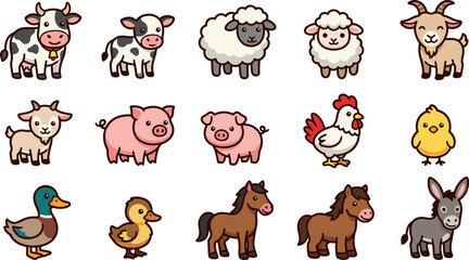 Obraz premium Cute Cartoon Farm Animals Set of 15 Kawaii Livestock Including Cow Calf Sheep Lamb Goat Kid Pig Piglet Chicken Chick Duck Duckling Horse Foal Donkey