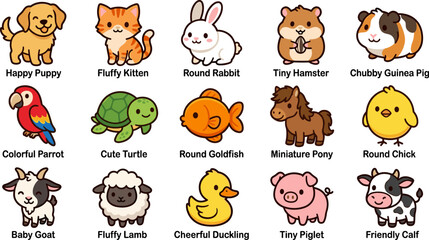 Obraz premium Cute Cartoon Farm Pets Collection with Labels Happy Puppy Fluffy Kitten Round Rabbit Tiny Hamster Guinea Pig Parrot Turtle Goldfish Pony Chick Goat Lamb Duckling Piglet Calf