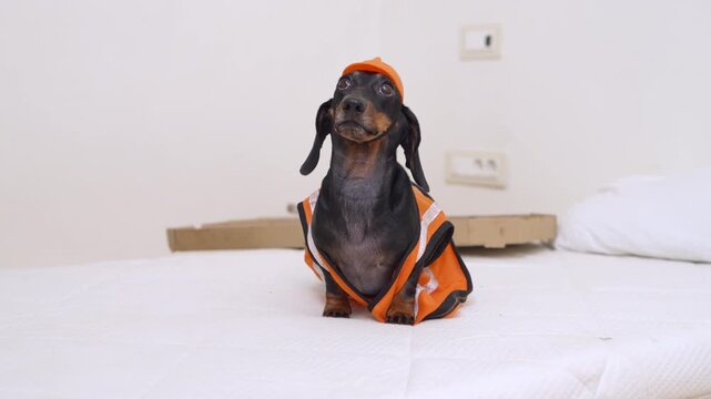 A black and tan dachshund dog wearing an orange safety vest and matching cap sits on a bed, turning its head and looking around the room.