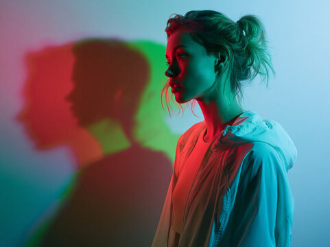 Young Woman Portrait with Colorful Neon Shadow Lighting
