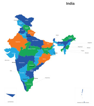 Colorful Political Map of India Showing States and Union Territories, Regional Boundaries, Geographic Distribution and Detailed National Cartography