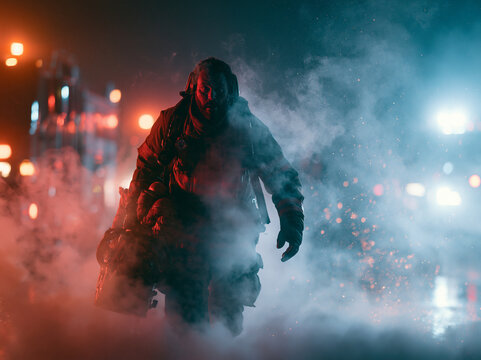 Firefighter Emerging from Smoke During Night Emergency Rescue