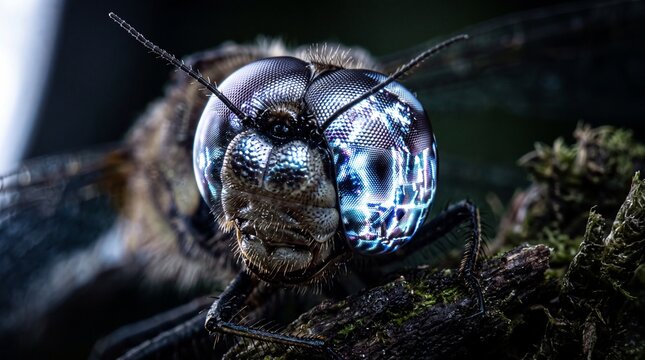 Macro Close-Up of Dragonfly Compound Eyes and Head